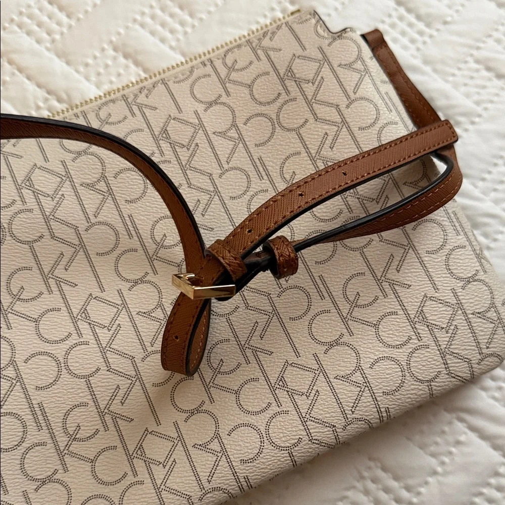 Calvin Klein Cream Monogram Chain Crossbody with Brown Strap